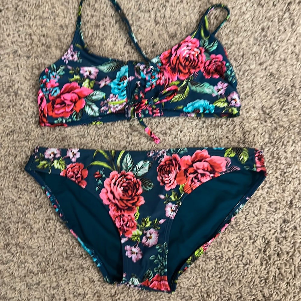 Xhilaration blue and pink floral bikini top and bottom. Size medium.